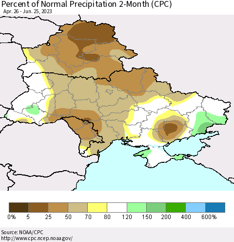 Ukraine, Moldova and Belarus Percent of Normal Precipitation 2-Month (CPC) Thematic Map For 4/26/2023 - 6/25/2023