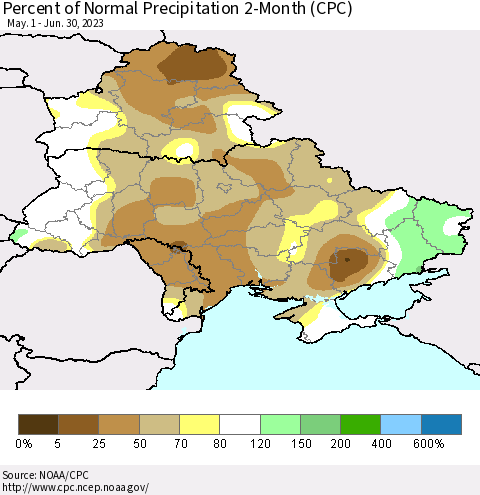 Ukraine, Moldova and Belarus Percent of Normal Precipitation 2-Month (CPC) Thematic Map For 5/1/2023 - 6/30/2023