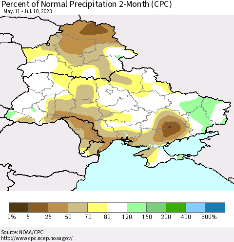 Ukraine, Moldova and Belarus Percent of Normal Precipitation 2-Month (CPC) Thematic Map For 5/11/2023 - 7/10/2023
