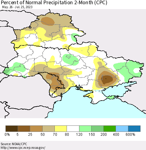 Ukraine, Moldova and Belarus Percent of Normal Precipitation 2-Month (CPC) Thematic Map For 5/26/2023 - 7/25/2023