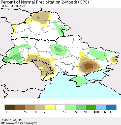 Ukraine, Moldova and Belarus Percent of Normal Precipitation 2-Month (CPC) Thematic Map For 6/1/2023 - 7/31/2023