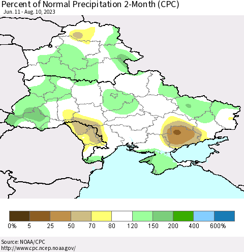 Ukraine, Moldova and Belarus Percent of Normal Precipitation 2-Month (CPC) Thematic Map For 6/11/2023 - 8/10/2023