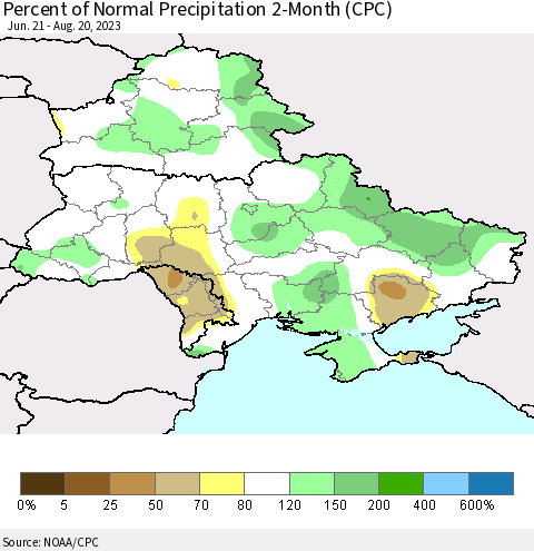 Ukraine, Moldova and Belarus Percent of Normal Precipitation 2-Month (CPC) Thematic Map For 6/21/2023 - 8/20/2023