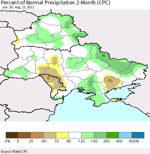 Ukraine, Moldova and Belarus Percent of Normal Precipitation 2-Month (CPC) Thematic Map For 6/26/2023 - 8/25/2023