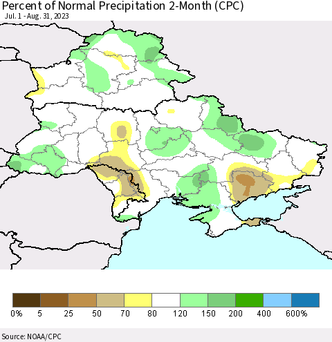 Ukraine, Moldova and Belarus Percent of Normal Precipitation 2-Month (CPC) Thematic Map For 7/1/2023 - 8/31/2023