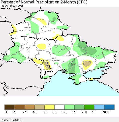 Ukraine, Moldova and Belarus Percent of Normal Precipitation 2-Month (CPC) Thematic Map For 7/6/2023 - 9/5/2023