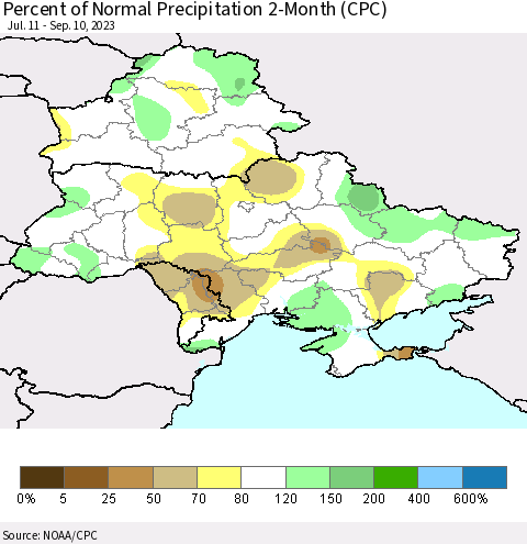 Ukraine, Moldova and Belarus Percent of Normal Precipitation 2-Month (CPC) Thematic Map For 7/11/2023 - 9/10/2023