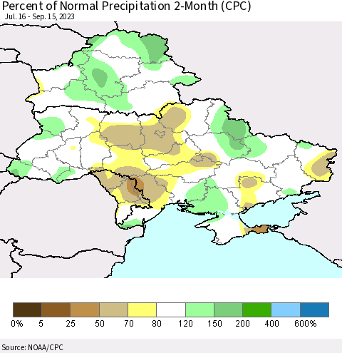 Ukraine, Moldova and Belarus Percent of Normal Precipitation 2-Month (CPC) Thematic Map For 7/16/2023 - 9/15/2023