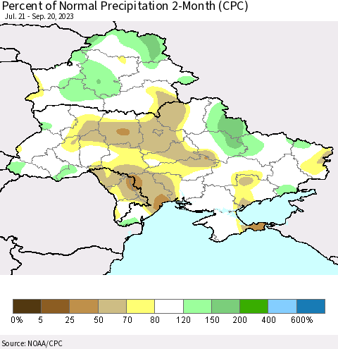 Ukraine, Moldova and Belarus Percent of Normal Precipitation 2-Month (CPC) Thematic Map For 7/21/2023 - 9/20/2023