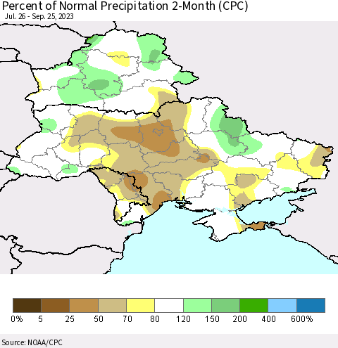 Ukraine, Moldova and Belarus Percent of Normal Precipitation 2-Month (CPC) Thematic Map For 7/26/2023 - 9/25/2023