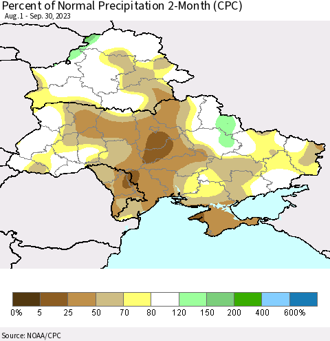 Ukraine, Moldova and Belarus Percent of Normal Precipitation 2-Month (CPC) Thematic Map For 8/1/2023 - 9/30/2023