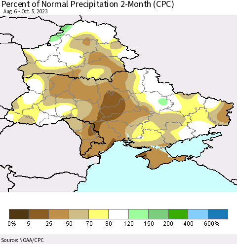 Ukraine, Moldova and Belarus Percent of Normal Precipitation 2-Month (CPC) Thematic Map For 8/6/2023 - 10/5/2023