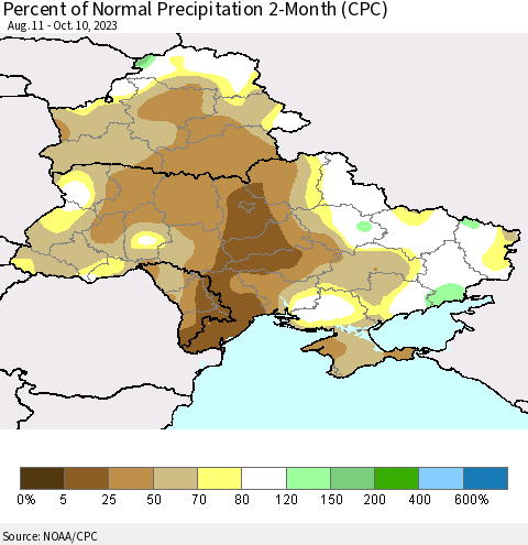 Ukraine, Moldova and Belarus Percent of Normal Precipitation 2-Month (CPC) Thematic Map For 8/11/2023 - 10/10/2023