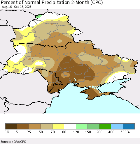 Ukraine, Moldova and Belarus Percent of Normal Precipitation 2-Month (CPC) Thematic Map For 8/16/2023 - 10/15/2023