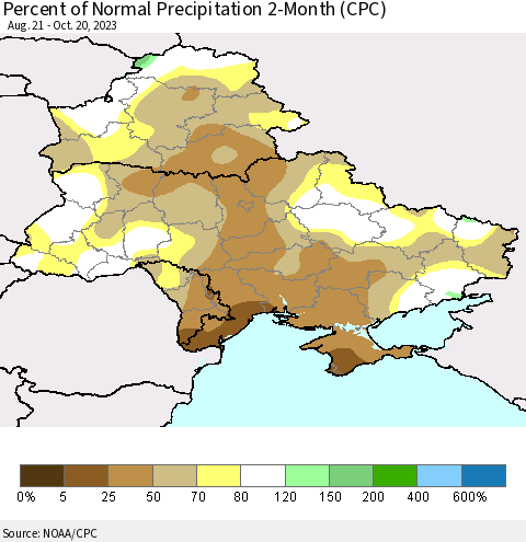 Ukraine, Moldova and Belarus Percent of Normal Precipitation 2-Month (CPC) Thematic Map For 8/21/2023 - 10/20/2023