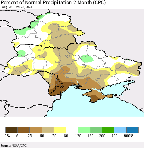 Ukraine, Moldova and Belarus Percent of Normal Precipitation 2-Month (CPC) Thematic Map For 8/26/2023 - 10/25/2023