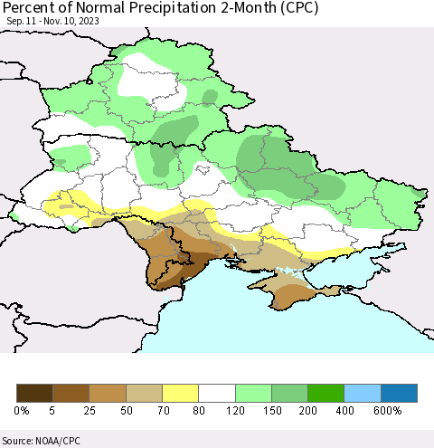 Ukraine, Moldova and Belarus Percent of Normal Precipitation 2-Month (CPC) Thematic Map For 9/11/2023 - 11/10/2023