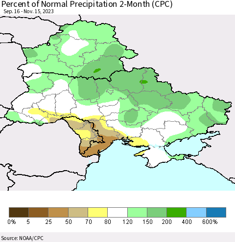 Ukraine, Moldova and Belarus Percent of Normal Precipitation 2-Month (CPC) Thematic Map For 9/16/2023 - 11/15/2023