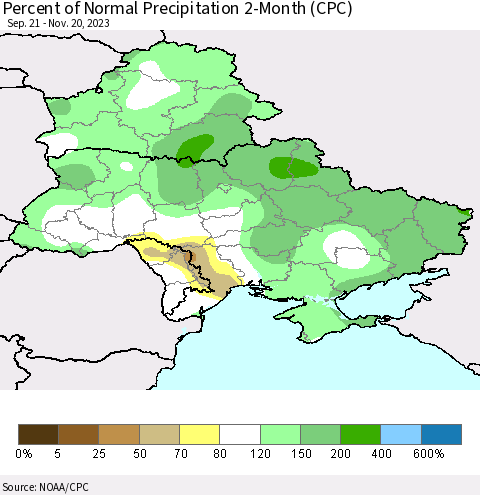 Ukraine, Moldova and Belarus Percent of Normal Precipitation 2-Month (CPC) Thematic Map For 9/21/2023 - 11/20/2023