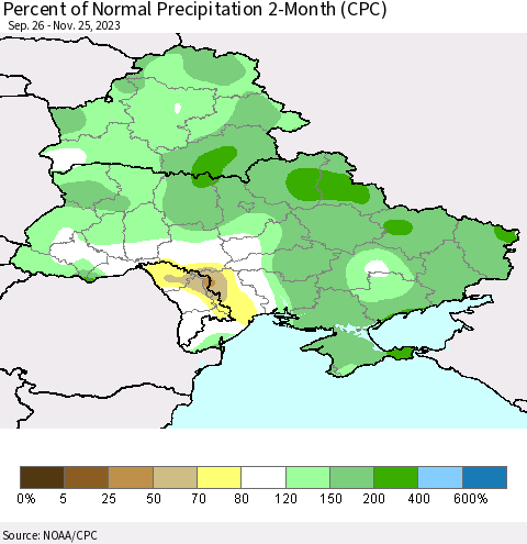 Ukraine, Moldova and Belarus Percent of Normal Precipitation 2-Month (CPC) Thematic Map For 9/26/2023 - 11/25/2023