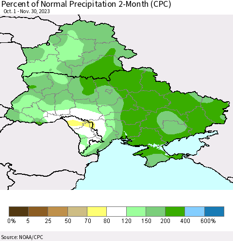 Ukraine, Moldova and Belarus Percent of Normal Precipitation 2-Month (CPC) Thematic Map For 10/1/2023 - 11/30/2023