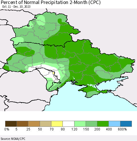 Ukraine, Moldova and Belarus Percent of Normal Precipitation 2-Month (CPC) Thematic Map For 10/11/2023 - 12/10/2023
