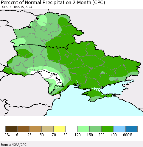 Ukraine, Moldova and Belarus Percent of Normal Precipitation 2-Month (CPC) Thematic Map For 10/16/2023 - 12/15/2023