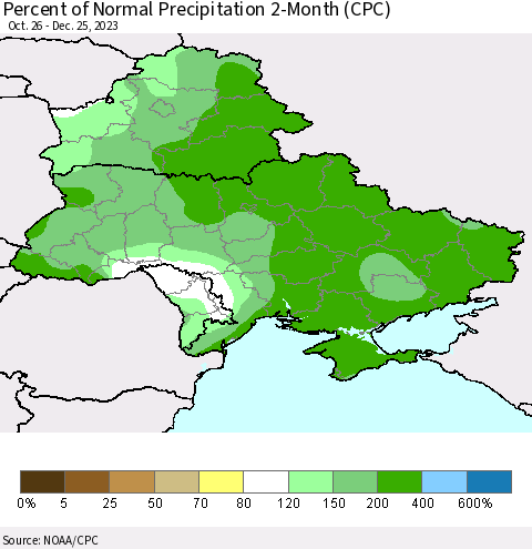 Ukraine, Moldova and Belarus Percent of Normal Precipitation 2-Month (CPC) Thematic Map For 10/26/2023 - 12/25/2023