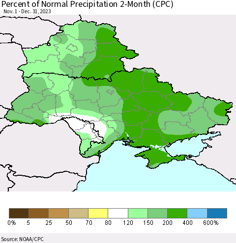 Ukraine, Moldova and Belarus Percent of Normal Precipitation 2-Month (CPC) Thematic Map For 11/1/2023 - 12/31/2023