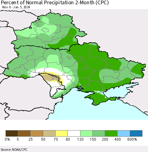 Ukraine, Moldova and Belarus Percent of Normal Precipitation 2-Month (CPC) Thematic Map For 11/6/2023 - 1/5/2024