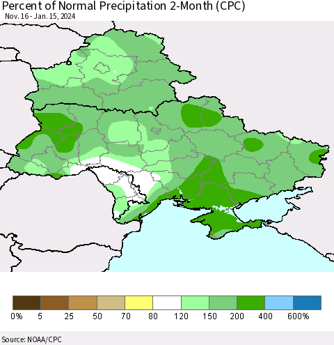 Ukraine, Moldova and Belarus Percent of Normal Precipitation 2-Month (CPC) Thematic Map For 11/16/2023 - 1/15/2024