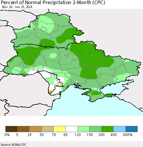 Ukraine, Moldova and Belarus Percent of Normal Precipitation 2-Month (CPC) Thematic Map For 11/26/2023 - 1/25/2024