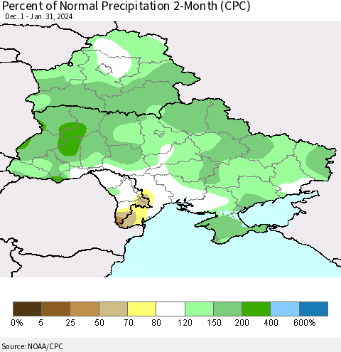Ukraine, Moldova and Belarus Percent of Normal Precipitation 2-Month (CPC) Thematic Map For 12/1/2023 - 1/31/2024