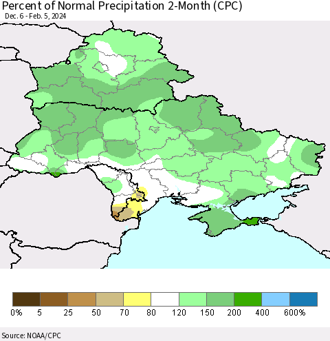 Ukraine, Moldova and Belarus Percent of Normal Precipitation 2-Month (CPC) Thematic Map For 12/6/2023 - 2/5/2024