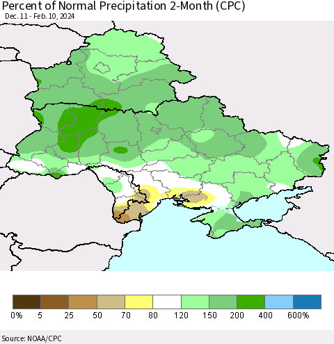 Ukraine, Moldova and Belarus Percent of Normal Precipitation 2-Month (CPC) Thematic Map For 12/11/2023 - 2/10/2024