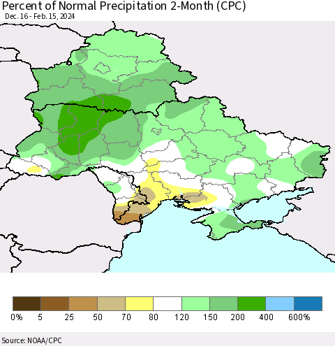 Ukraine, Moldova and Belarus Percent of Normal Precipitation 2-Month (CPC) Thematic Map For 12/16/2023 - 2/15/2024