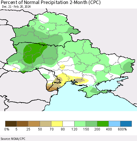 Ukraine, Moldova and Belarus Percent of Normal Precipitation 2-Month (CPC) Thematic Map For 12/21/2023 - 2/20/2024