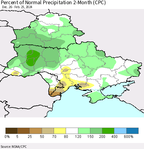 Ukraine, Moldova and Belarus Percent of Normal Precipitation 2-Month (CPC) Thematic Map For 12/26/2023 - 2/25/2024