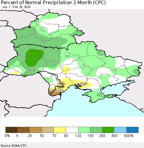 Ukraine, Moldova and Belarus Percent of Normal Precipitation 2-Month (CPC) Thematic Map For 1/1/2024 - 2/29/2024