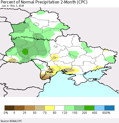 Ukraine, Moldova and Belarus Percent of Normal Precipitation 2-Month (CPC) Thematic Map For 1/6/2024 - 3/5/2024