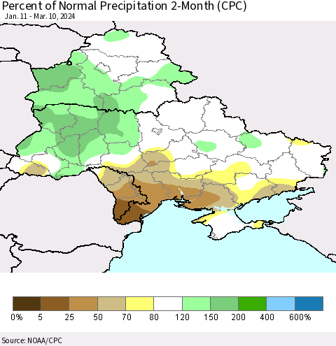 Ukraine, Moldova and Belarus Percent of Normal Precipitation 2-Month (CPC) Thematic Map For 1/11/2024 - 3/10/2024