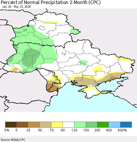 Ukraine, Moldova and Belarus Percent of Normal Precipitation 2-Month (CPC) Thematic Map For 1/16/2024 - 3/15/2024