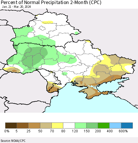 Ukraine, Moldova and Belarus Percent of Normal Precipitation 2-Month (CPC) Thematic Map For 1/21/2024 - 3/20/2024