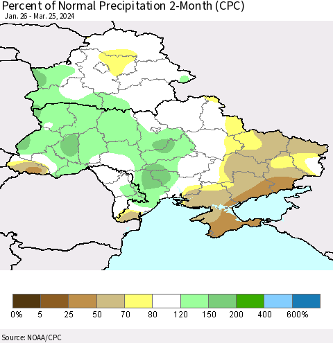 Ukraine, Moldova and Belarus Percent of Normal Precipitation 2-Month (CPC) Thematic Map For 1/26/2024 - 3/25/2024