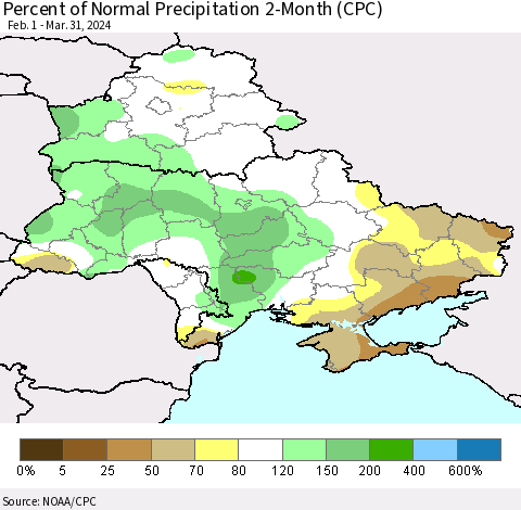 Ukraine, Moldova and Belarus Percent of Normal Precipitation 2-Month (CPC) Thematic Map For 2/1/2024 - 3/31/2024
