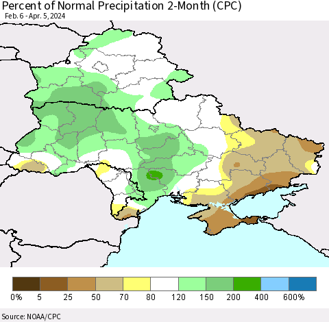 Ukraine, Moldova and Belarus Percent of Normal Precipitation 2-Month (CPC) Thematic Map For 2/6/2024 - 4/5/2024