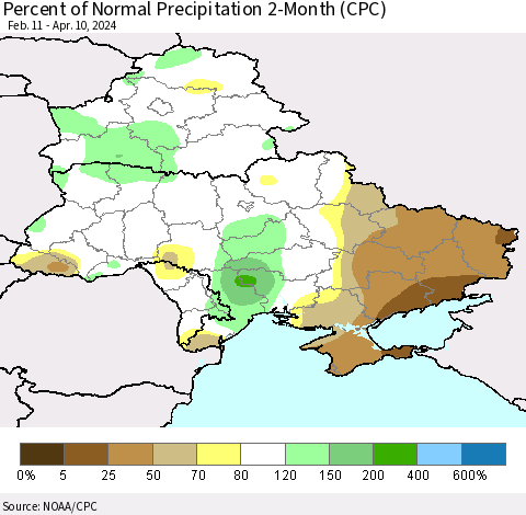 Ukraine, Moldova and Belarus Percent of Normal Precipitation 2-Month (CPC) Thematic Map For 2/11/2024 - 4/10/2024