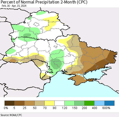 Ukraine, Moldova and Belarus Percent of Normal Precipitation 2-Month (CPC) Thematic Map For 2/16/2024 - 4/15/2024