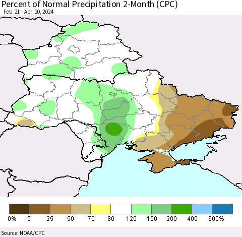 Ukraine, Moldova and Belarus Percent of Normal Precipitation 2-Month (CPC) Thematic Map For 2/21/2024 - 4/20/2024