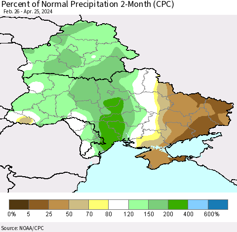 Ukraine, Moldova and Belarus Percent of Normal Precipitation 2-Month (CPC) Thematic Map For 2/26/2024 - 4/25/2024